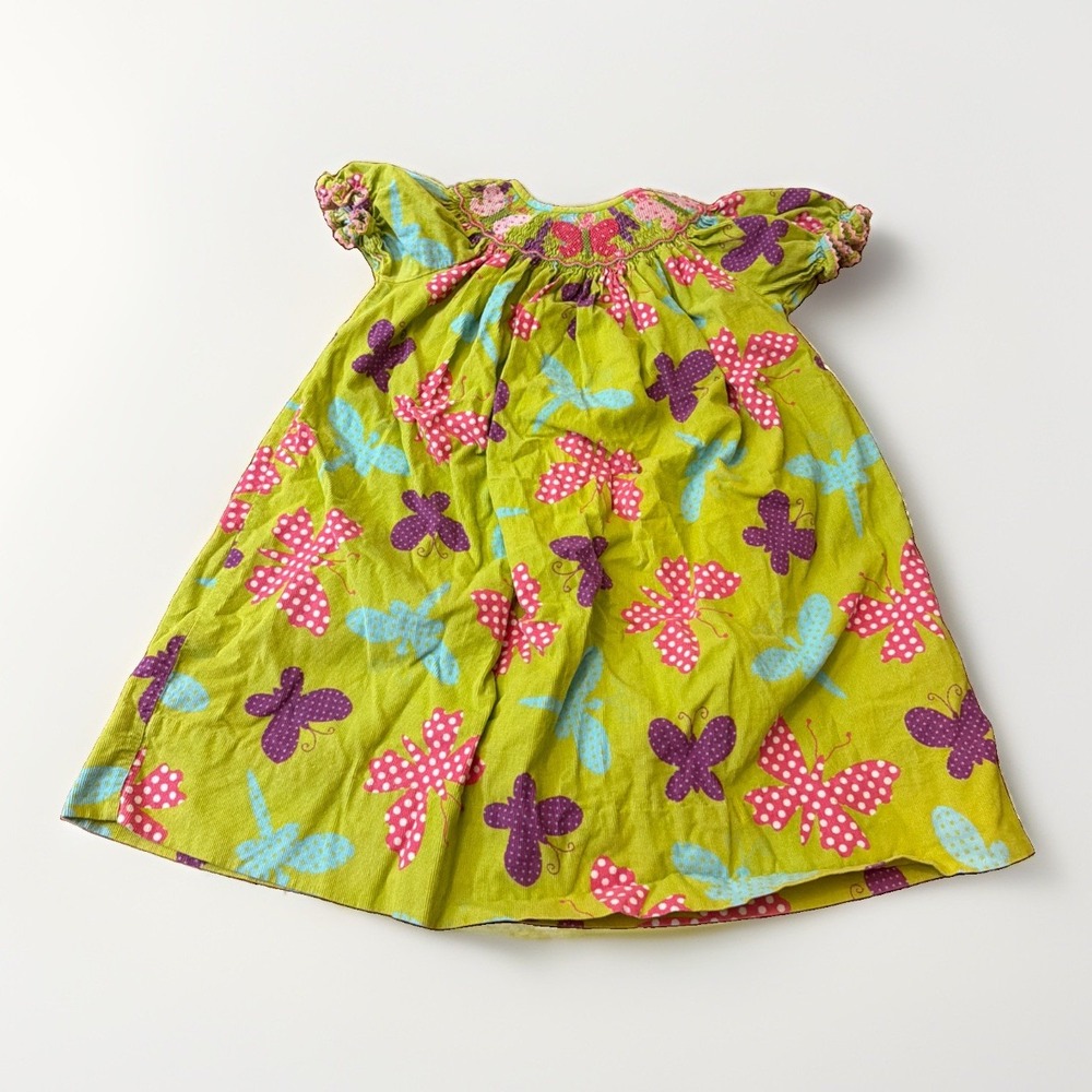 Viva La Fete Green Smocked Corduroy Girls Butterfly Dress Size 3